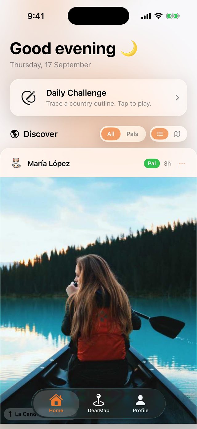 Der DearMaps-Feed mit der Tagesaufgabe und einer geteilten Erinnerung